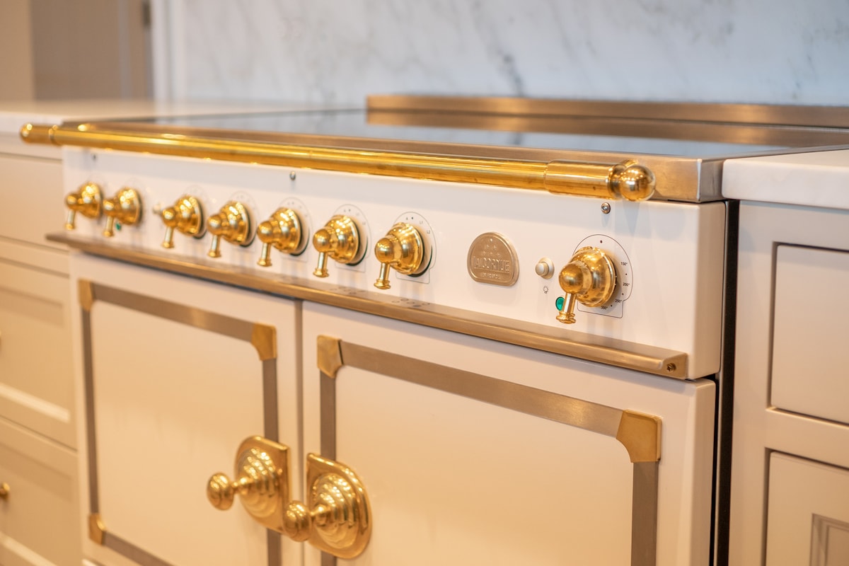 La Cornue range with brass fittings in the chef's kitchen
