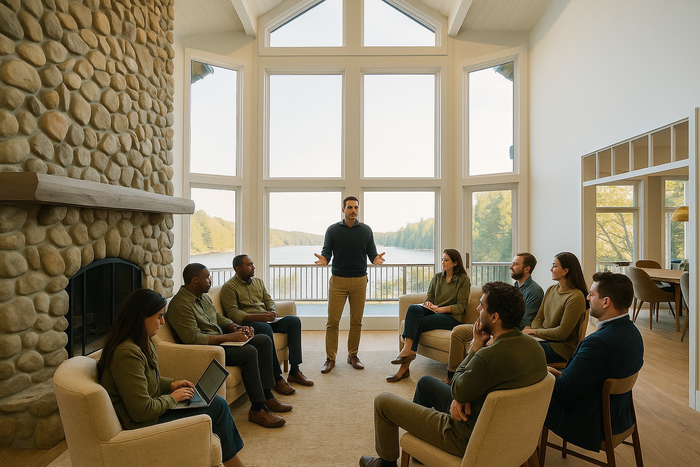 Executive mastermind session in the great room with lake views