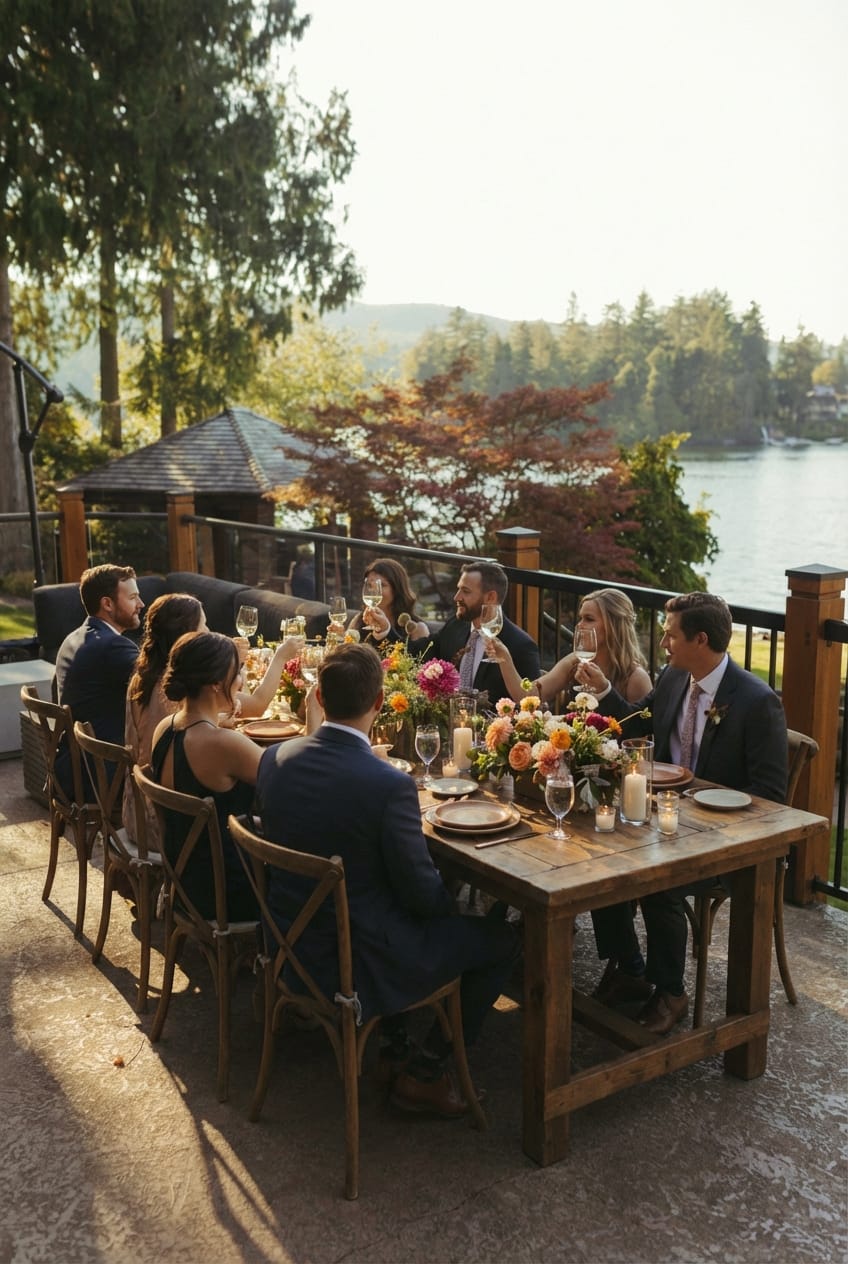 Wedding reception dinner on the deck
