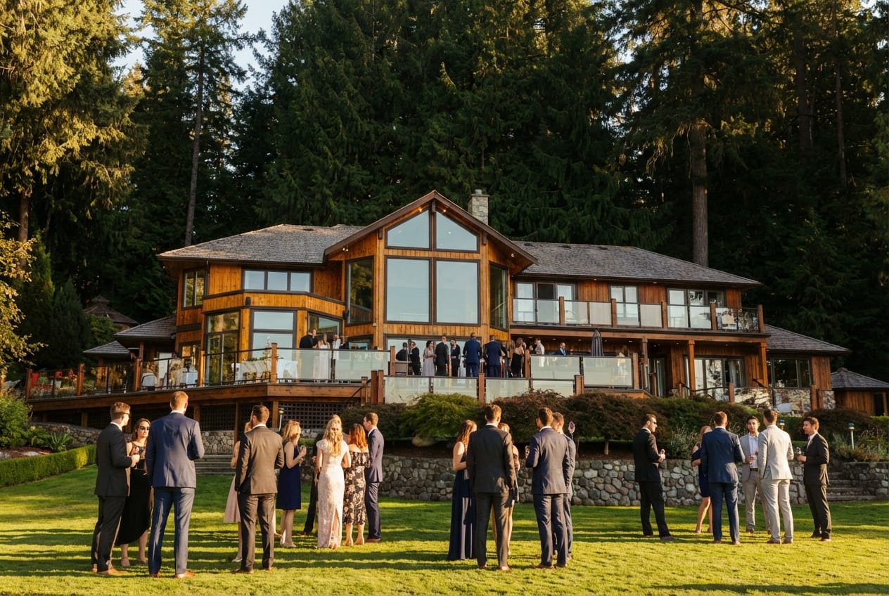 Wedding celebration on the lakefront lawn