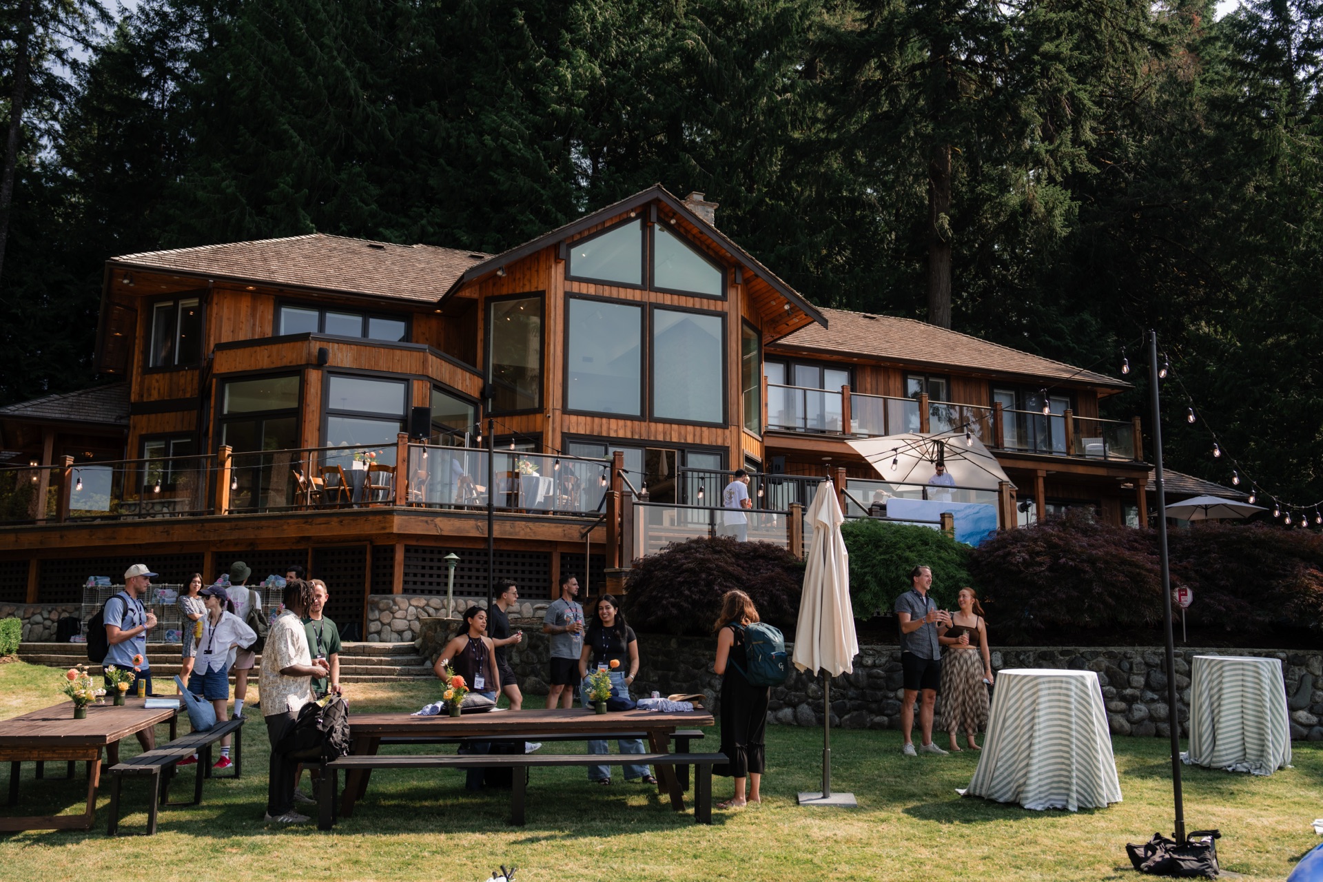 Property lawn gathering with lake views
